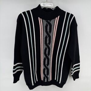 VTG Clifton Place Knit Sweater Large 80s 90s Black Pink Teal USA Abstract